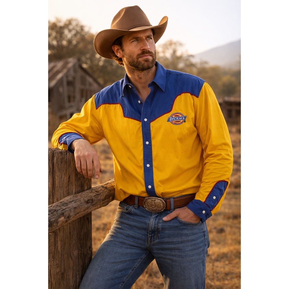 Dickies Men's Western Snap Shirt Large Yellow Blue Rockabilly Pearl‎ Snap